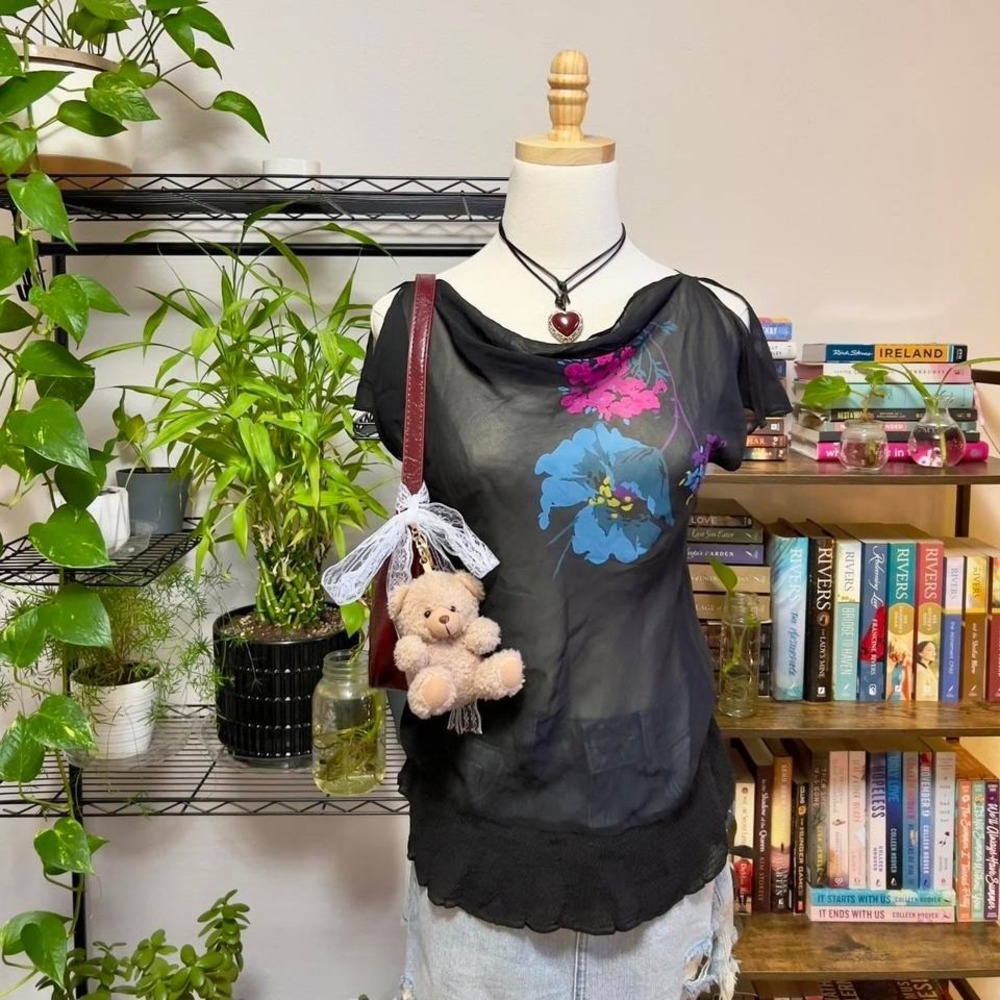 Vtg Y2K Express 100% Silk Floral Top Fairy‎ Grunge Small Whimsigoth Sheer Black